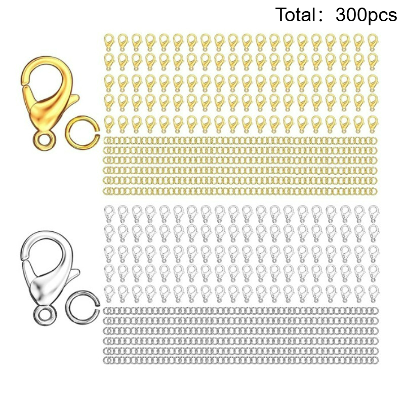 E-shop 300 Stück Karabinerhaken und Biegeringe Set, 100 Stück Karabinerhaken und 200 Stück Biegeringe, für Perlenarbeiten, Spacer Perlenverbinder,