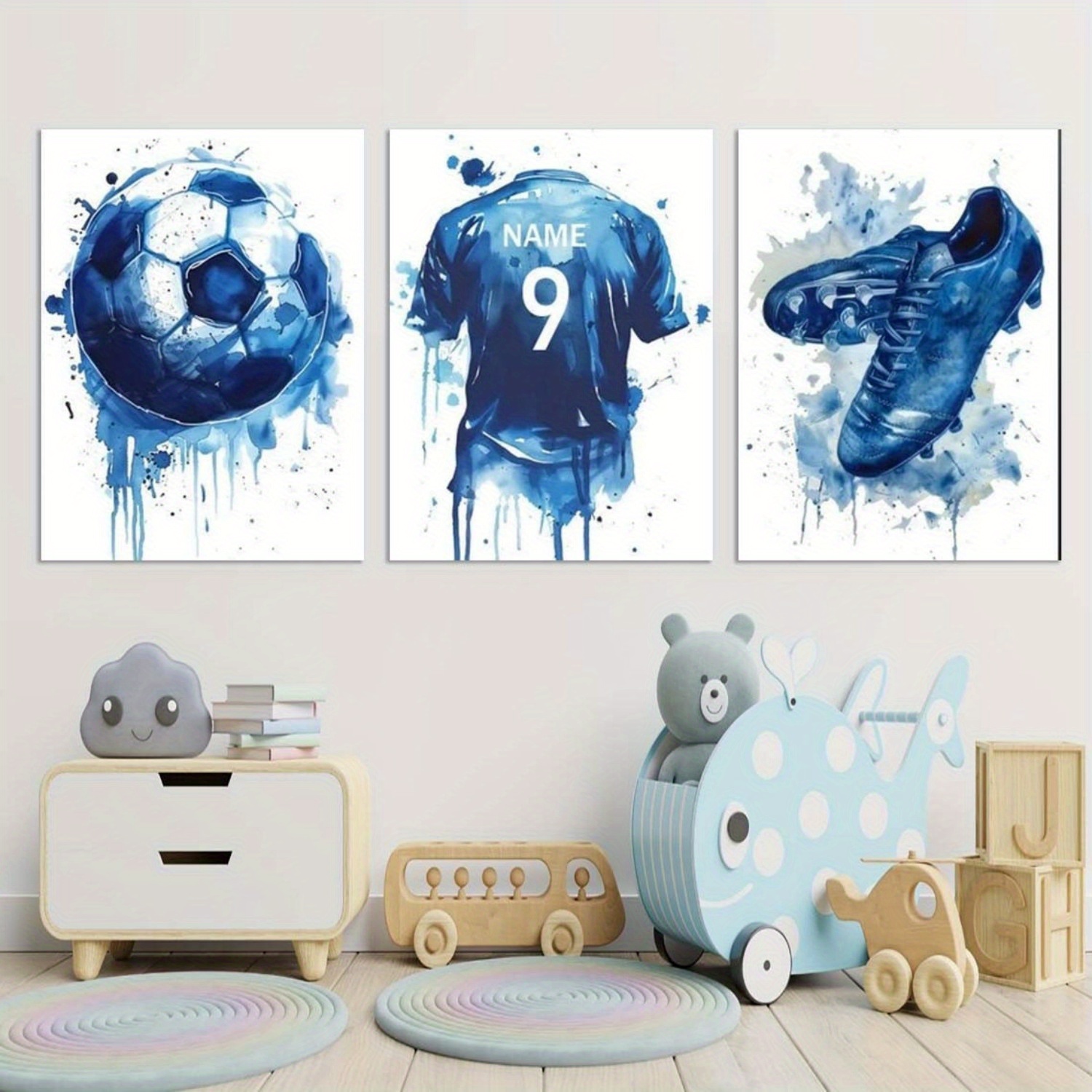 3pcs Wooden Frame Canvas Painting, Football Posters - Set of 3 Prints | Boys Bedroom Decor | Kids Room Wall Art | Soccer Artwork Teen Footballer Gifts, for cafe, Bars, restaurants, office, living, bathroom, 11.8inX15.7inchX3