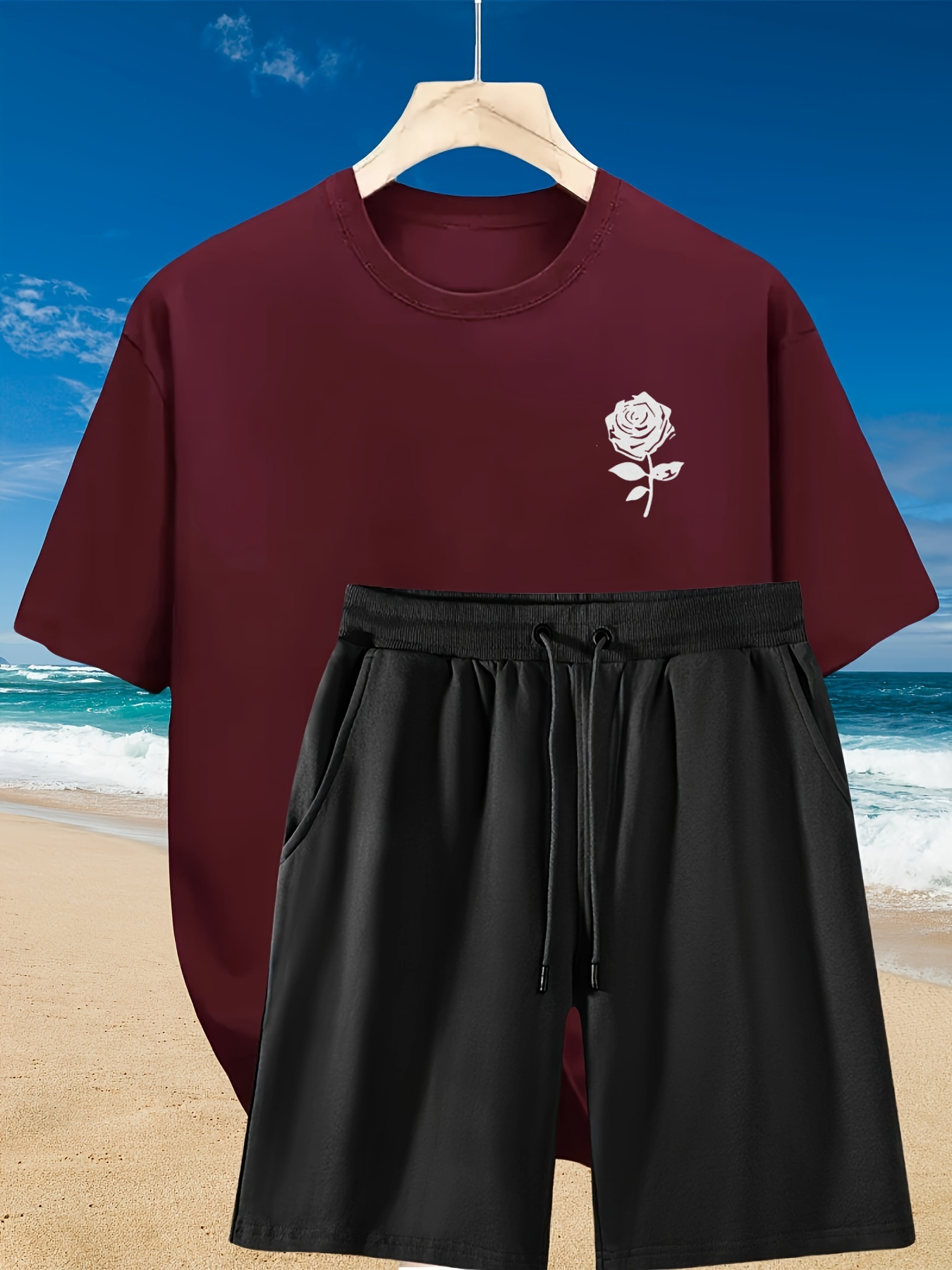 2pcs Men'S Summer Casual Outfit: Relaxed Fit Cotton T-Shirt & Drawstring Shorts Set - Floral Graphic Printed - Sporty, Comfortable, Beach-Ready, Summer Shorts, for Daily & Weekend Casual Wea