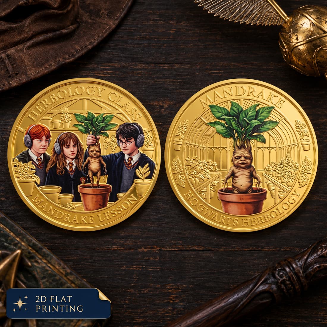 TEMU 1pc, Harry Potter Mandrake Class Commemorative Coin, (4'x4'), Replica Coin, Harry Ron Hermione, Mandrake Plant, Hogwarts Classroom, Movie