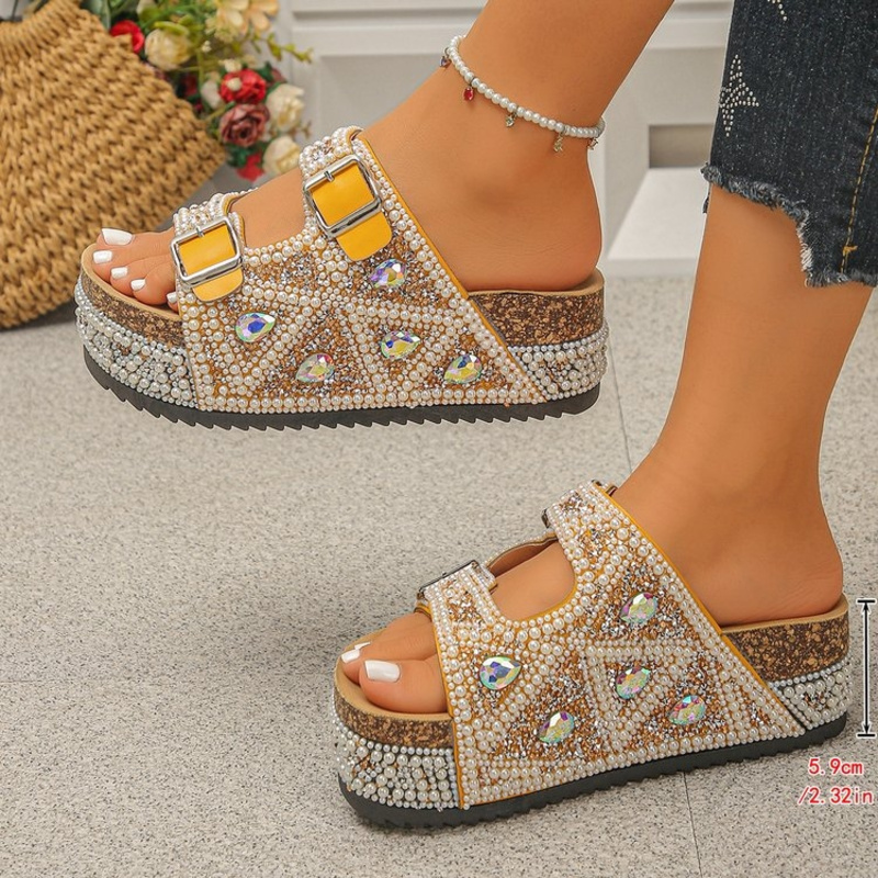 Image of Women's Multicolor Gem-embellished Platform Slide Sandals, Espadrille Shoes, Summer Casual Wedge Sandals For Beach And Daily Wear, Women Shoes
