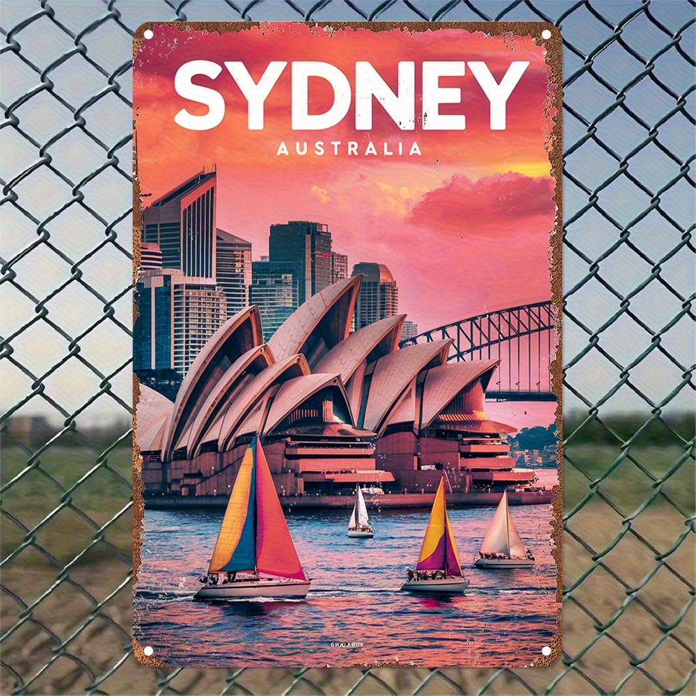 placa decorativa, 1 unidade de metal vintage 12x8 polegadas (30x20cm) -     da   house e ponte   de sydney com design de barco à vela ao  , decoração durável para casa, bar, café ou garagem,   metal para parede
