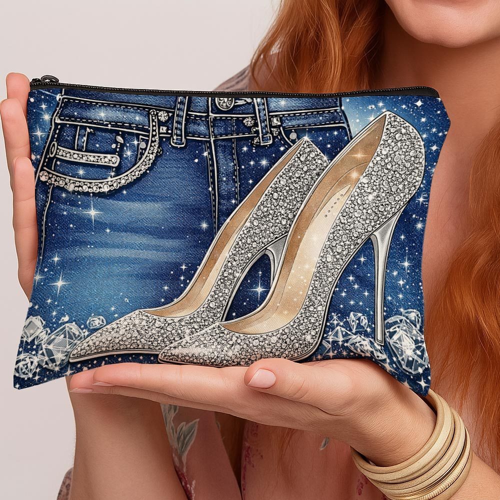 TEMU 1pc Modern Makeup Bag And A Foldable Travel Toiletry Bag With A Zipper Closure, High Heel Denim Glitter Perfect Gifts For Lovers On Occasions