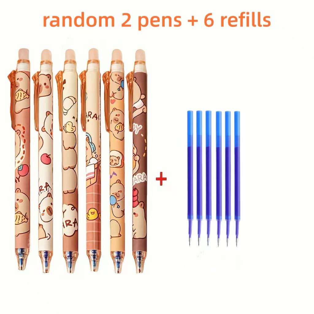 TEMU 8pcs Set Cute Capybara Erasable Pen Set (random 2pcs Pens And 6pcs Refills Included), Blue Ink, Smooth Writing, Ideal Gift, Suitable For Study,