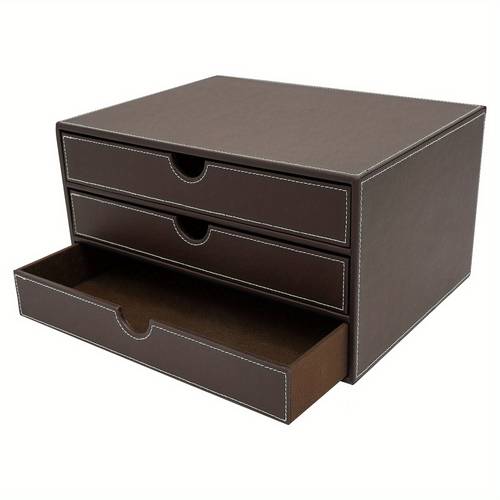 boîte à tiroirs 3 niveaux en pu | , ouverture de u, coutures cousues à , 33 x 25 x 18 cm organisateur de documents de bureau
