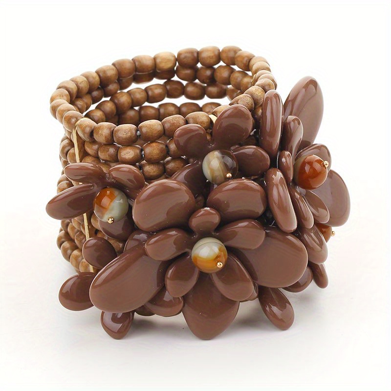 TEMU 1pc Women' Boho Multi-layered Beaded Bracelet With Wood Beads & Resin Flower - Bohemian Ethnic Jewelry Suitable For Parties, Music Festivals,