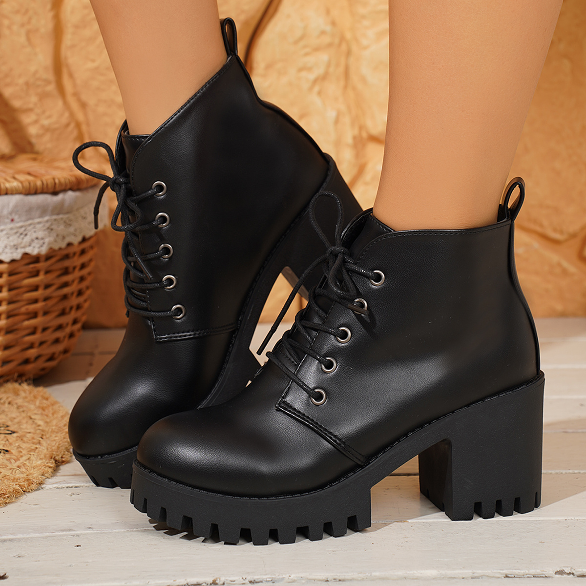 women's chunky heel ankle boots black synthetic cover round Temu