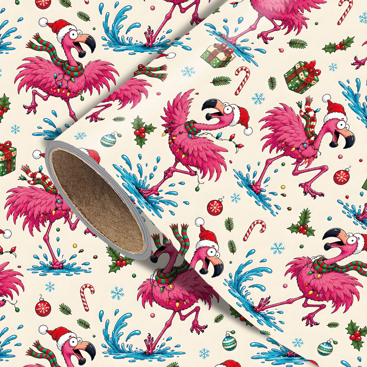 TEMU Rouleau de rose Noël amusant - 17.7 X 118 pouces, papier d'emballage cadeau de fêtes avec des flamants roses roses, des chapeaux de Père Noël,