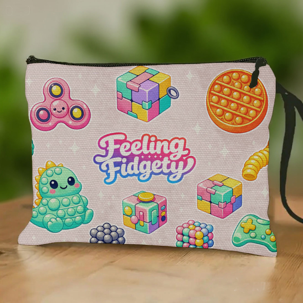 TEMU Relax Toy Portable Makeup Bag, Fashionable Wristlet Toiletry Pouch In Pink With Multicolor Fidget Toys And "feeling " Text Design, A Bag For