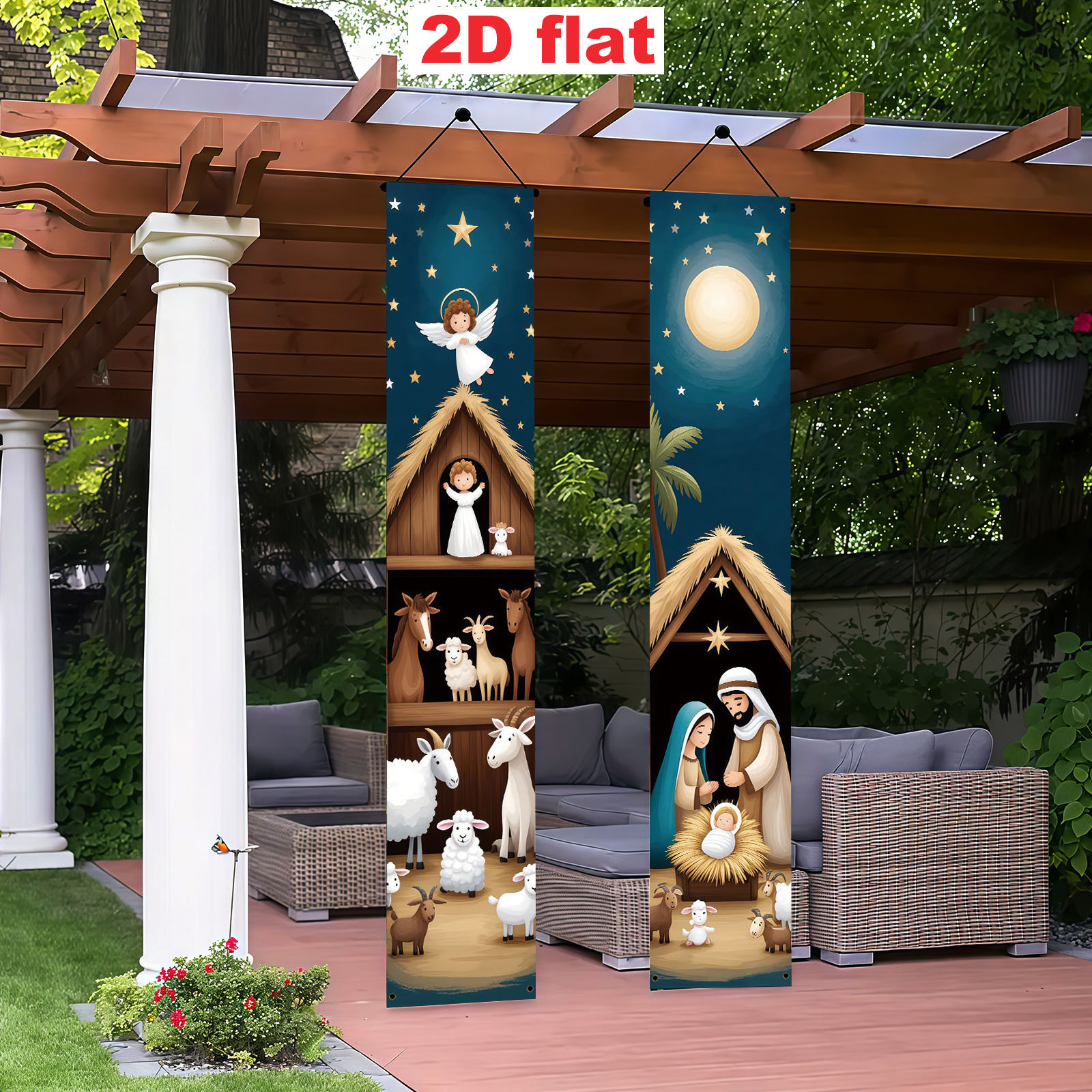 TEMU 2d Flat, 2pcs Jesus-themed Nativity Banner Decorations Suitable For Indoor/outdoor Christmas Parties, Holy Family Couplet With Angels, Palm Tree
