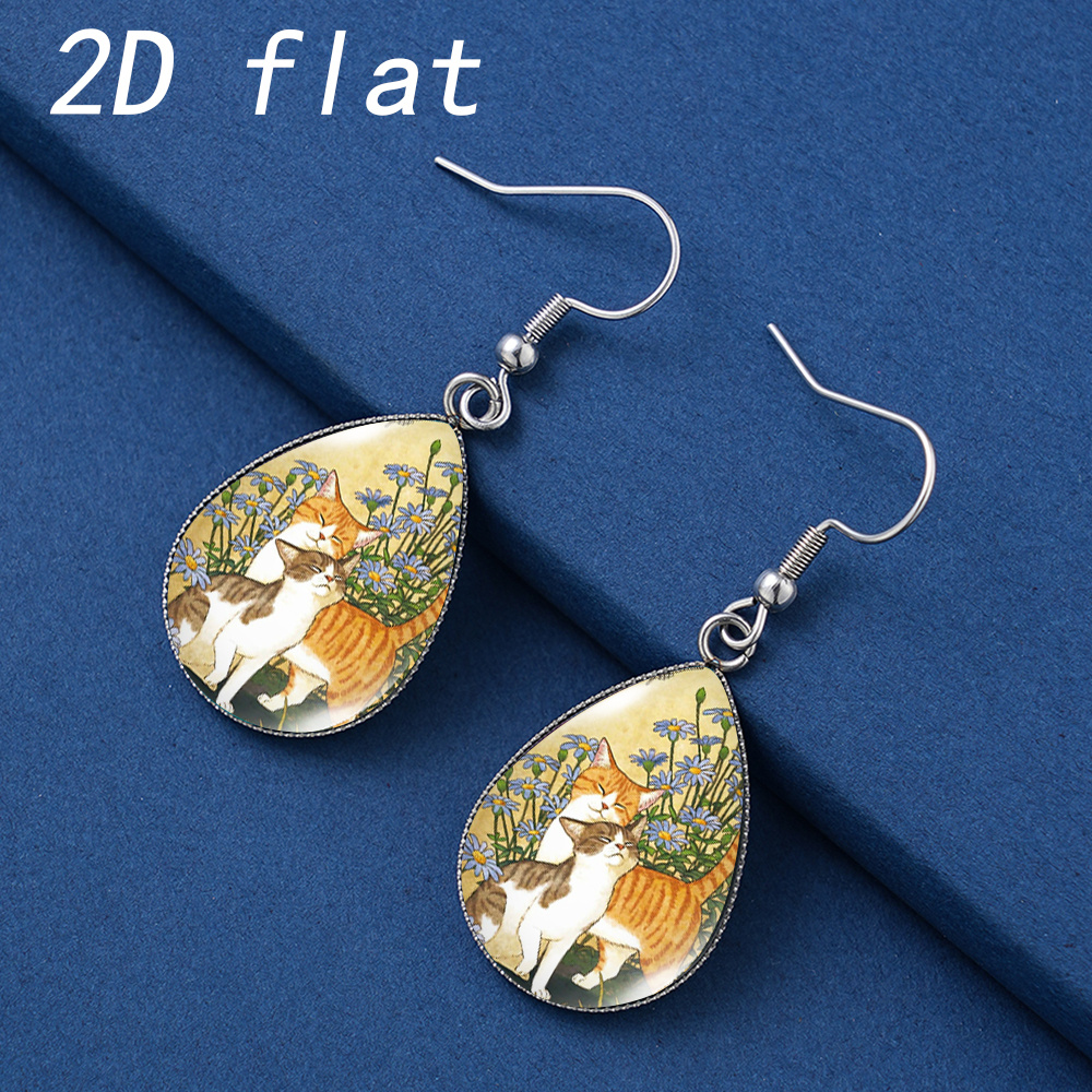 Women's Cute Cat Pattern Gem Glass Teardrop Earrings