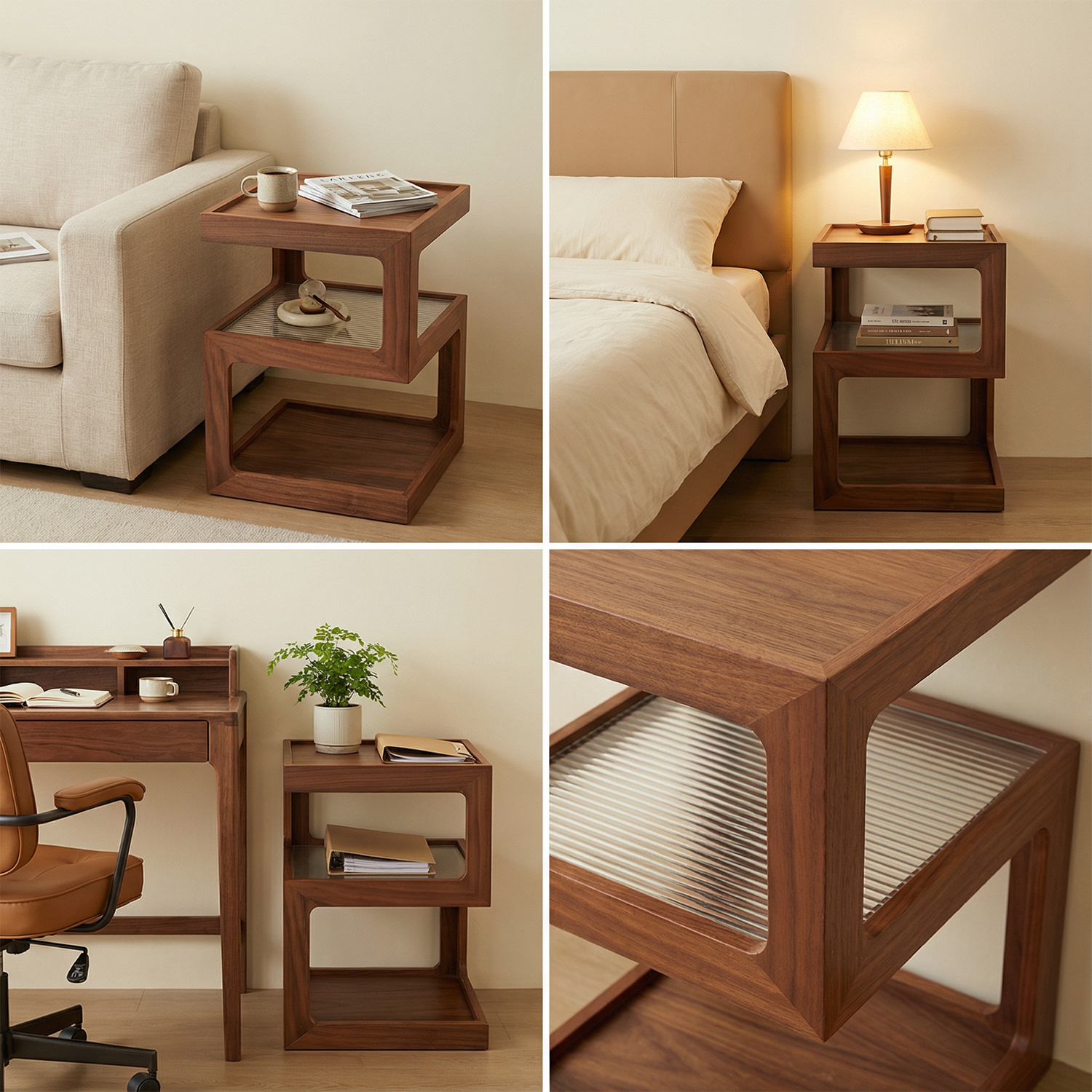 A Bedside Table That Doesn't Require Assembly Bedside Table, Walnut Wood Nightstand, Small Bedside Table with Open Compartment, Tempered Glass Top, Modern End Table for Bedroom & Living Room Furniture
