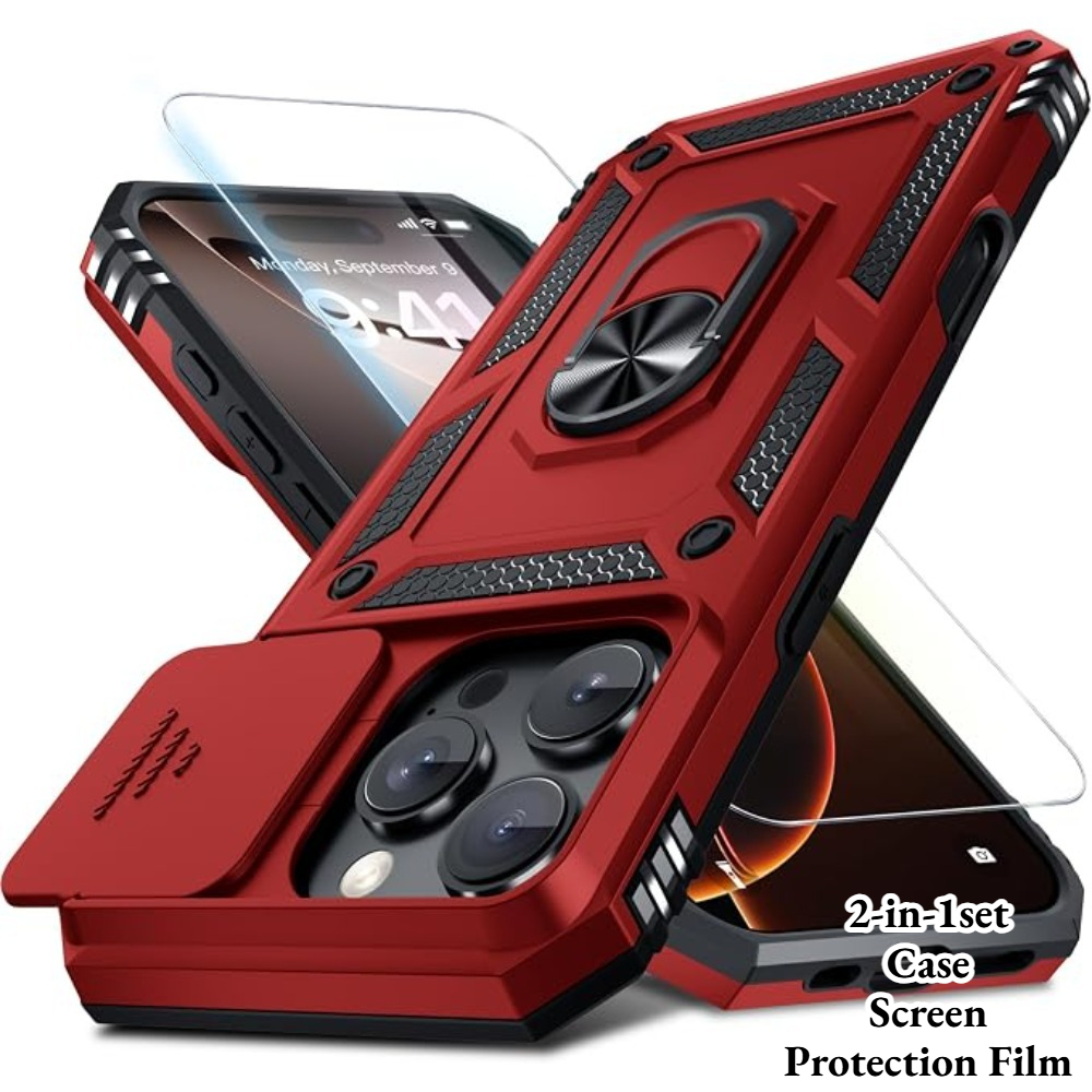 Phone Case - Phone Case With Sliding Camera Lens Cover, Compatible With Iphone 17 16 15 14 13 12 11 Pro , Tempered Glass Screen Protector And Finger Ring Holder Kickstand, Heavy Duty Shockproof