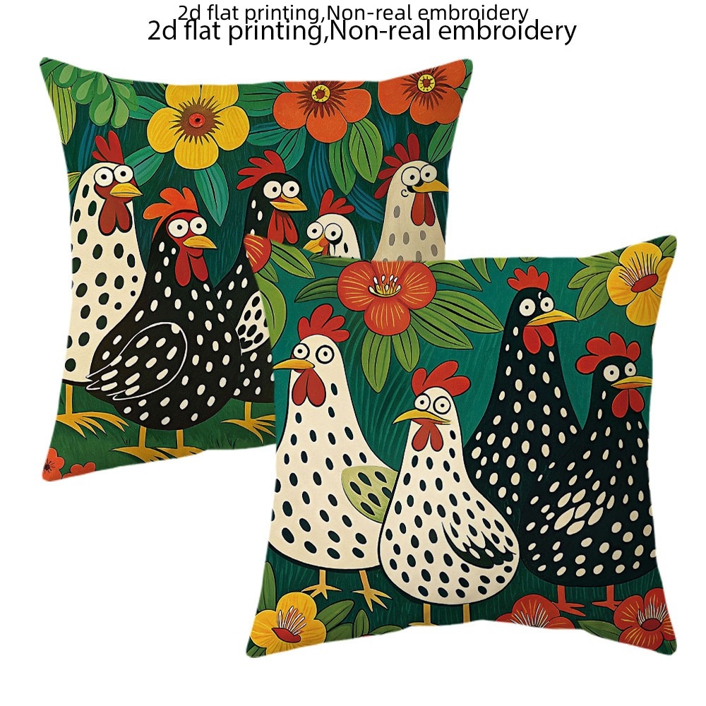 TEMU 2d Flat Printing, Set Of 2 Bohemian Style Chicken Pattern Pillow Covers, Featuring A Design Of Country And Hens In Velvet, Single-sided Print,