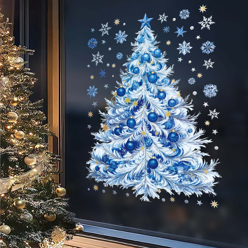 TEMU Set Of 2 Blue Glass Decals Featuring A Christmas Tree And Snowflakes, Made From Removable Pvc For Home Decoration. Suitable For Indoor And