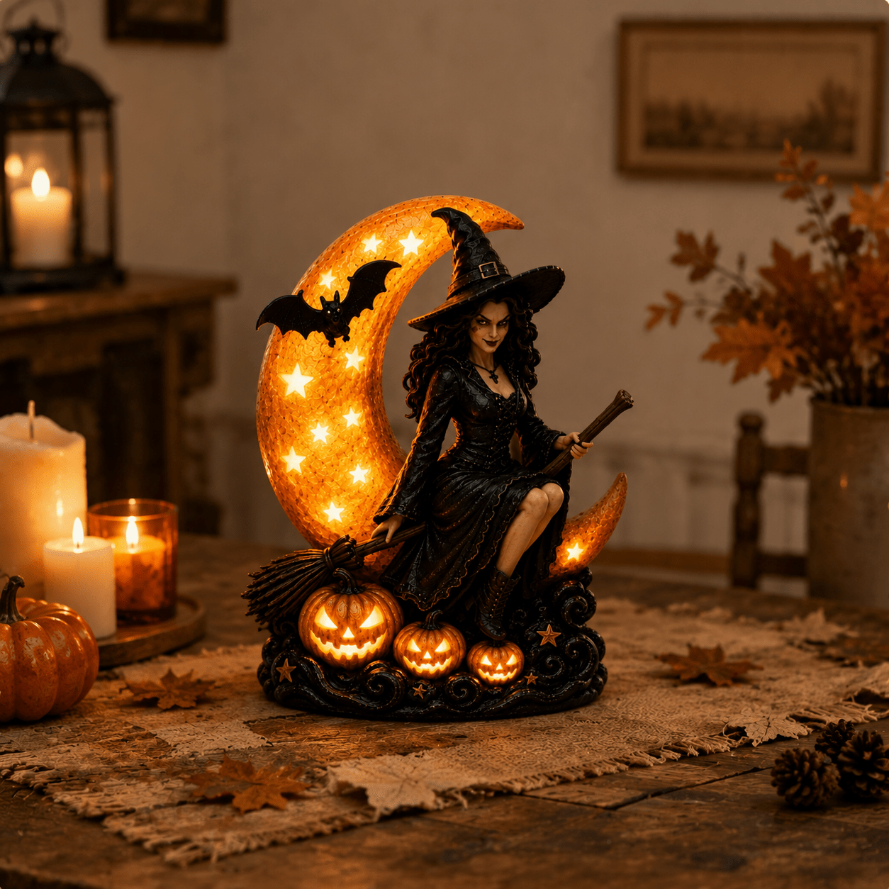 TEMU Halloween Witch Moon Night Light, Gothic Witch Figurine With Pumpkin, Bat And , Spooky Tabletop Decor For Halloween Party, Bedroom Home