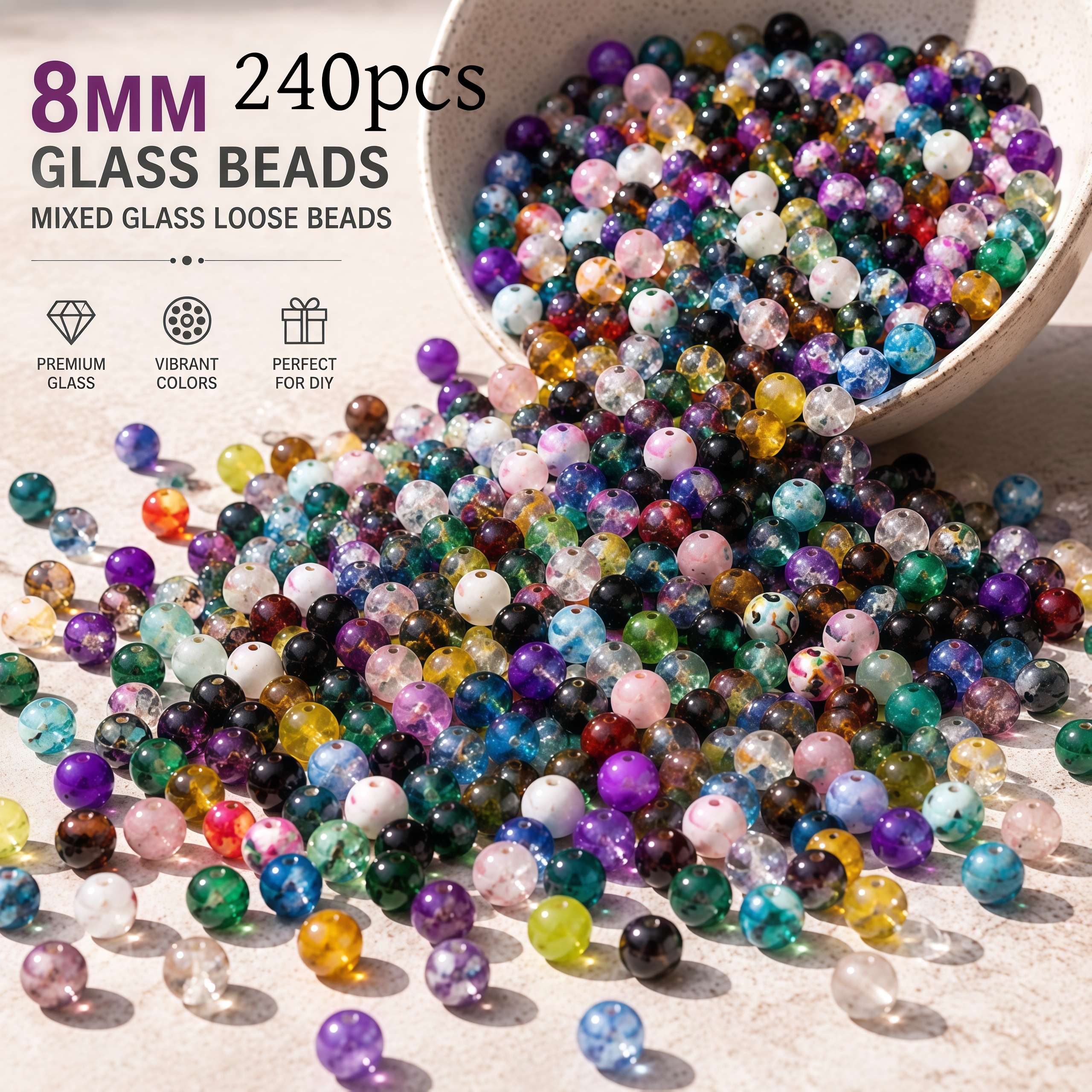 TEMU 240pcs 8mm Random Crystal Beads Mixed Loose Beads, 7-8 Styles Of Colorful Flower Round Beads , Translucent And Smooth Polished Without Burr,