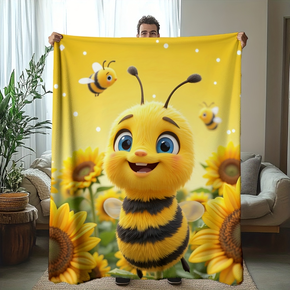 TEMU 2d Flat Printing 1pc Cute Bee Sunflower Cartoon Art Blanket - Soft, Warm, Fuzzy, And Plush For Sofa, Office, Bed, And Travel - Nights And , 2d