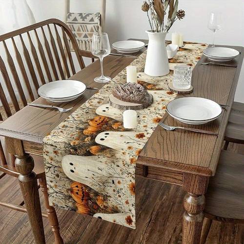 ., 2d-flachdruck, tischläufer mit halloween-thema, niedlicher tischdekor-bezug mit kürbis- blumenmuster, langer tischläufer für festliche atmosphäre, für alle jahreszeiten , frühling, sommer, herbst, winter, für die küche, maschinenwaschbar, party-dekoration, thematische szenerie