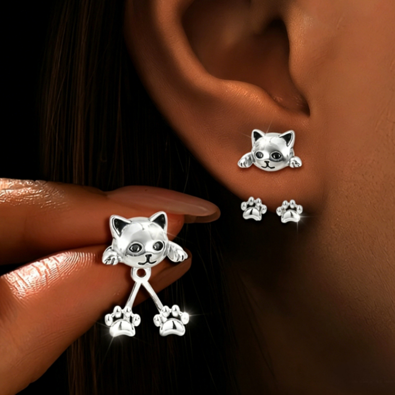 TEMU Readkiss Women' Cat Earrings - Double-sided Cat Head & Paw Studs, Retro Accessories With K Plating Suitable For Daily Wear, Parties, Valentine'