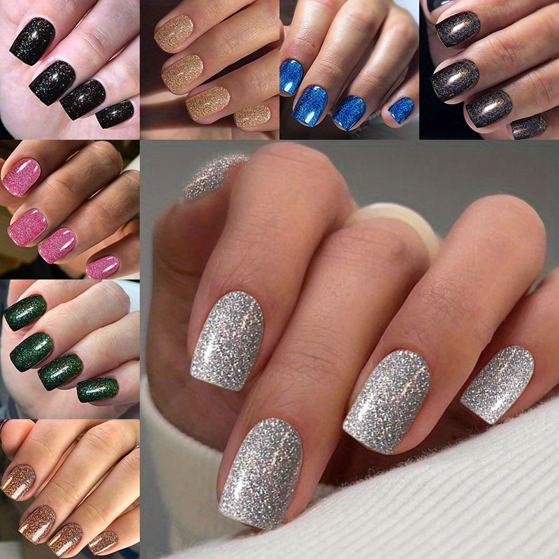 TEMU 192pcs 8pcs Square False Nails Black Glitter Acrylic Short False Nails Full Coverage Artificial Nails Stick On Nail Mirror Adhesive Perfect Gift For Girls