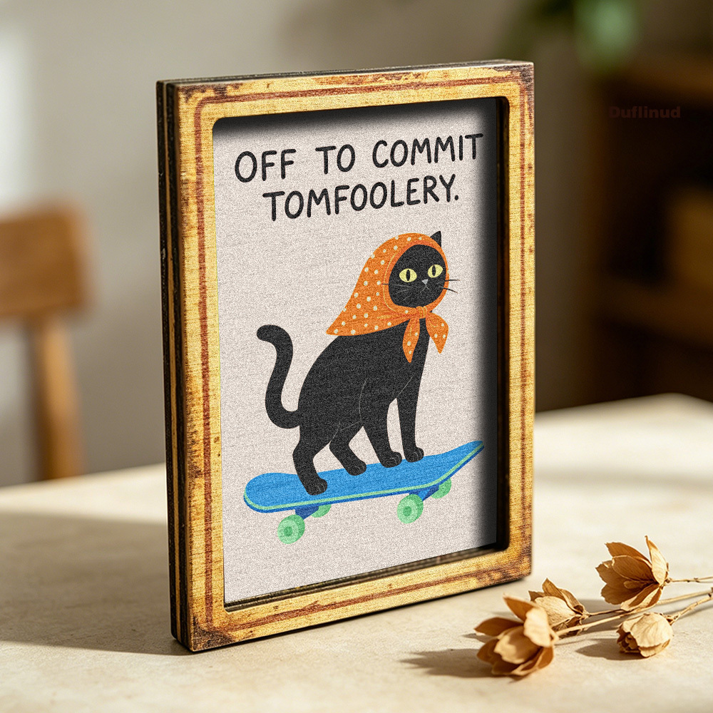 TEMU Cute Black Cat Skateboard Shaped Fridge Magnet, Wooden Fridge Sticker, Mini Home Decor Piece, Humorous Illustration , Orange Headscarf Accent