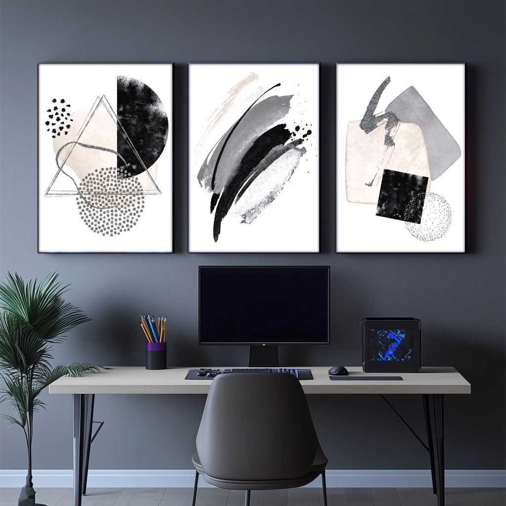 A 3pcs Set of Abstract Geometric Canvas Wall Art, Classic Modern Style Art Decor, with Pine Wood Wrapped Frames, Ink-printed, for Indoor/outdoor Decoration. Suitable for Home Office, Living Room, Bedroom, Kitchen - Spring/winter, Perfect Room Decor