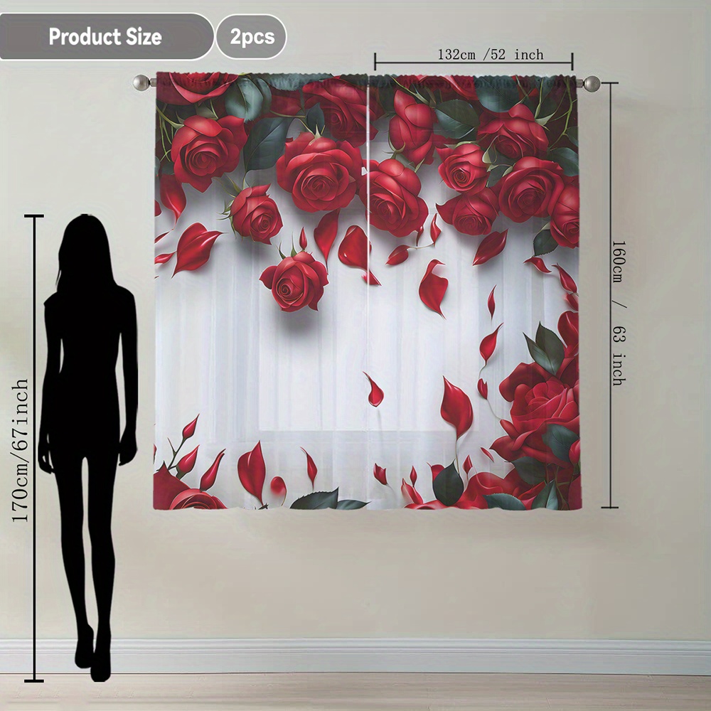 TEMU 2pcs Home Decoration Curtain White Valentine's Day Big Red And Rose Petals Floating Window Curtain Suitable For Kitchen, Coffee Shop, Living