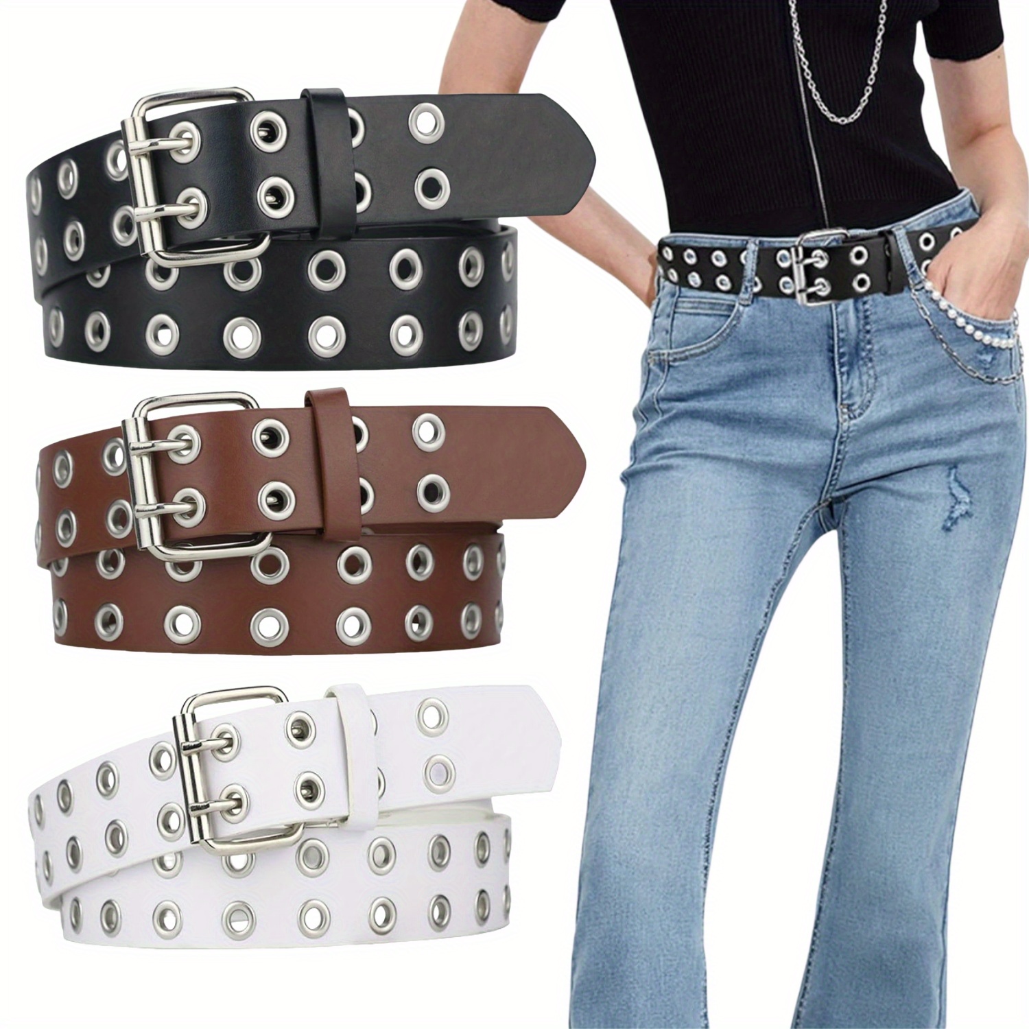 eyelet hollow out pu belt stylish square three pin waistband  display picture 1