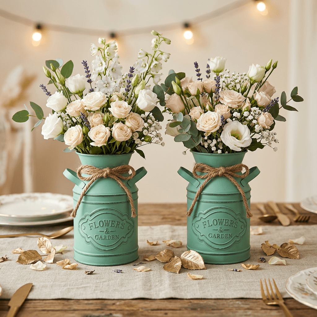TEMU 2pcs Vase Fût de Lait Rustique en Métal avec Ficelle, Centre de Table de Fête de Mariage de Ferme, Décoration d'Anniversaire de Fleurs Séchées