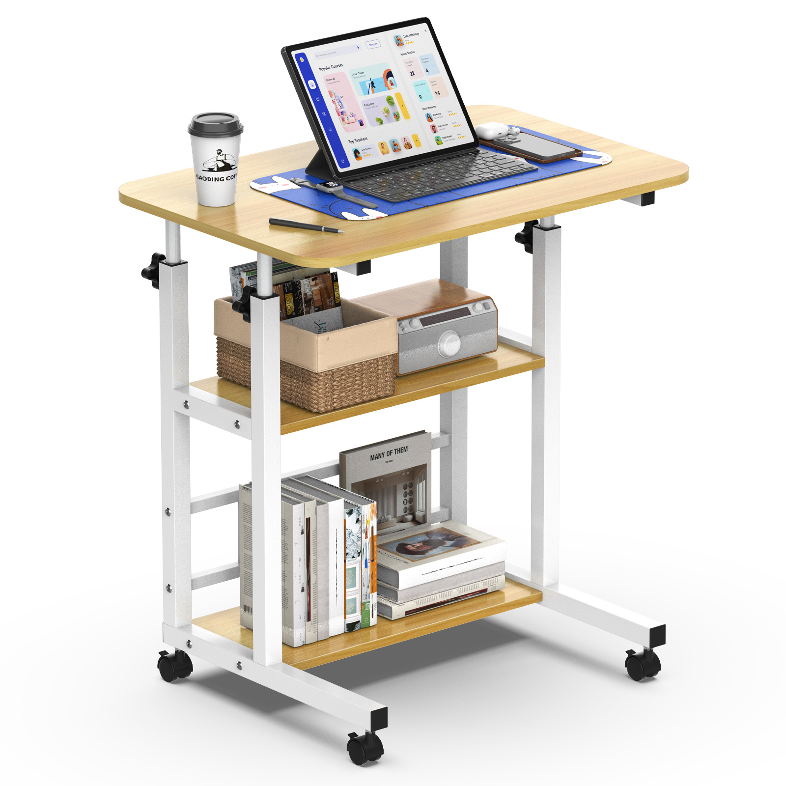 Height Adjustable Mobile Computer Desk With 3-tier Storage Shelves, Rolling Side Table For Sofa & Bed, Laptop Table With Silent Casters For Living Room Bedroom