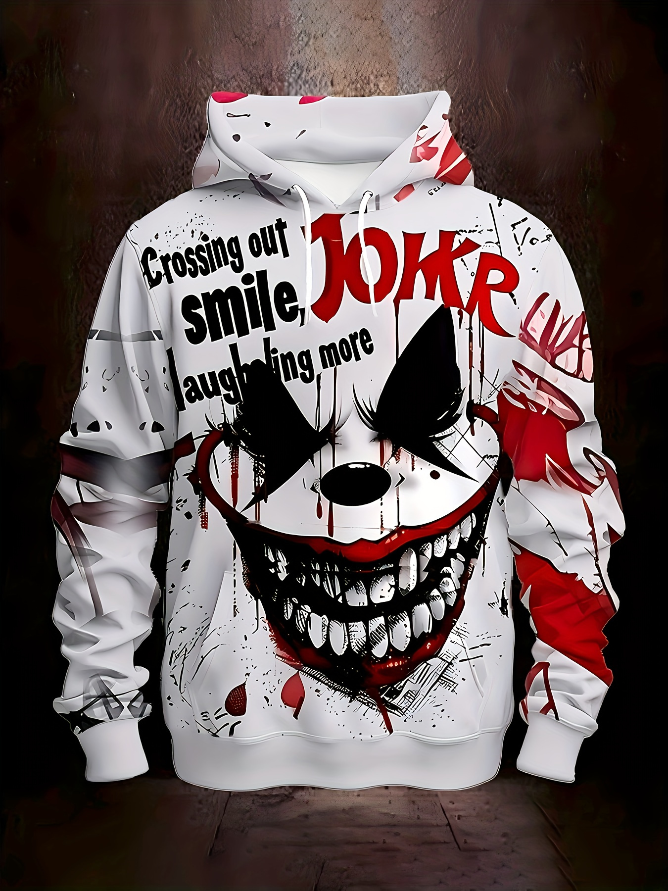 Men's 3D Printed Clown Face Hoodie with Red Splatter & "While Teeth Still Smile" Text - Stretch Knit Pullover Sweatshirt, Elastic Drawstring Hood, Plus Size Casual Costume for Parties, Carnivals, Outdoor Wear (Pop Culture Inspired) - Image 6