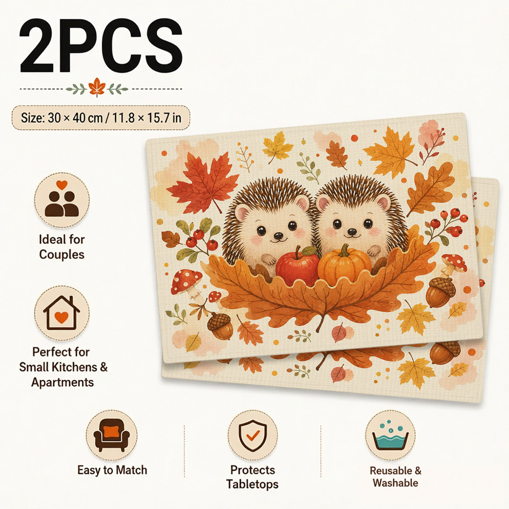 TEMU 2pcs 4pcs 6pcs 8pcs 2 Hedgehogs With Autumn Elements Pattern Placemats And Tablecloths Suitable For Home Decoration Festive Banquets Kitchen And