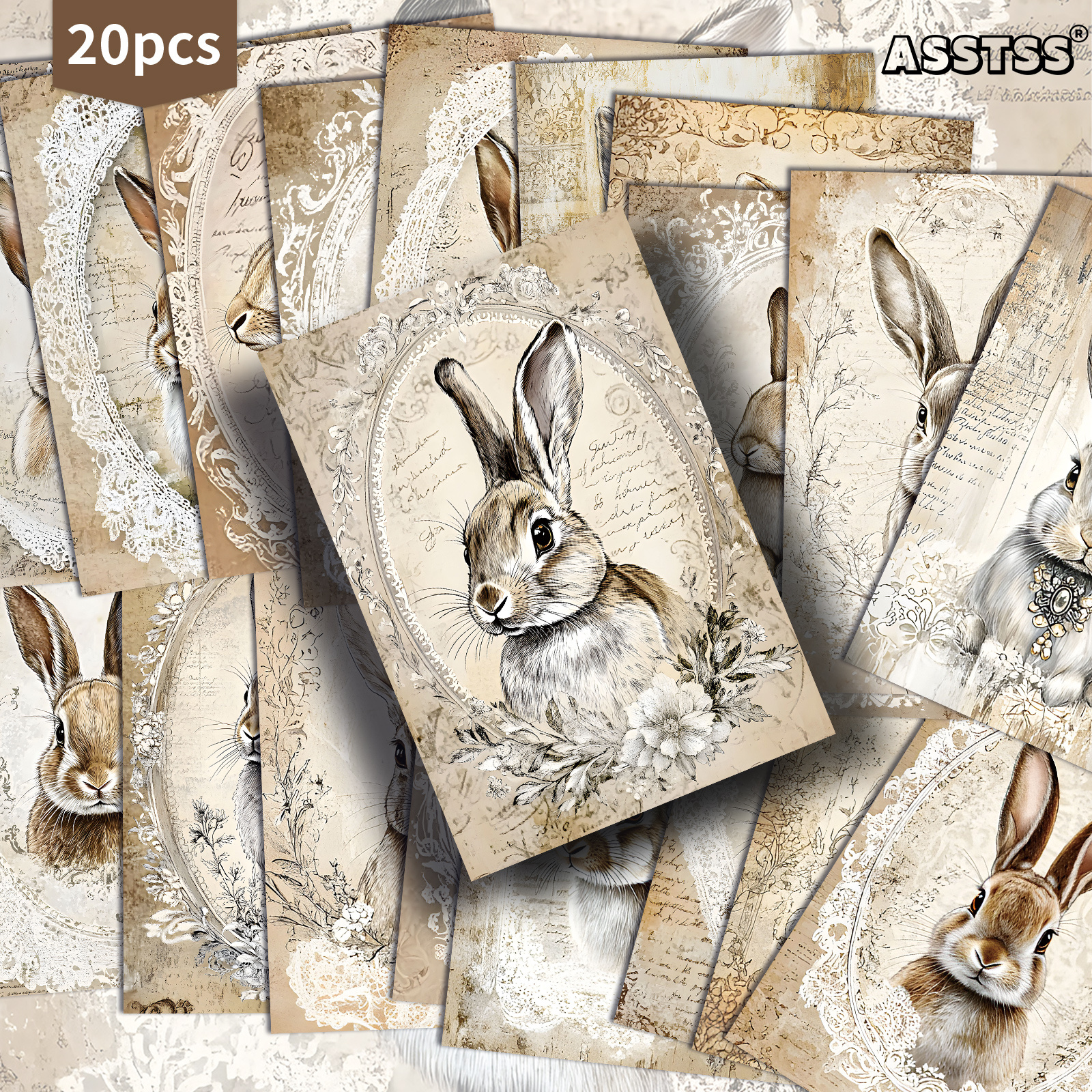 TEMU 20-pack Asstss Rabbit Lace Easter Cards - Vintage Pinup Rabbit Illustrations, Junk Journal Paper Suitable For Scrapbooking, Crafting &