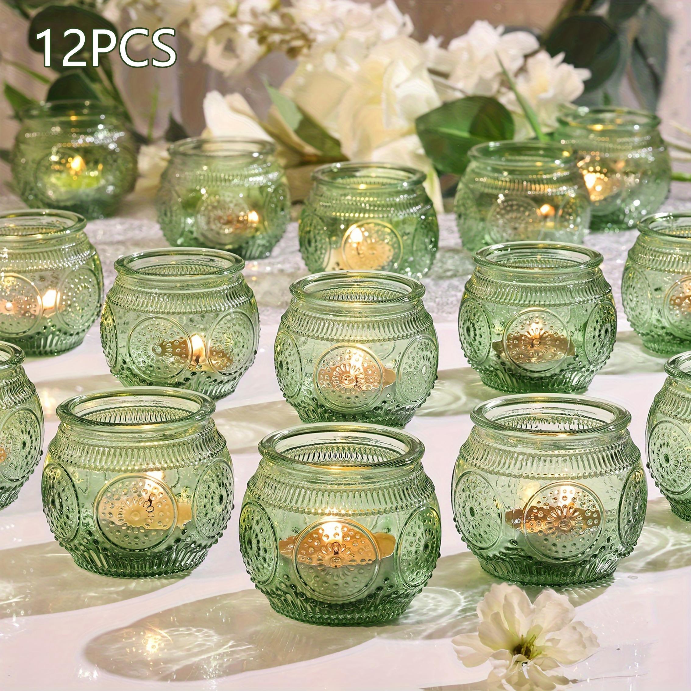 E-shop 12 Stück Rosa/Blau/Grüne Glas Wunschkerzenhalter | Polierte Oberfläche, Blumendesign, Tischmontage, Geeignet für Hochzeiten, Romantische