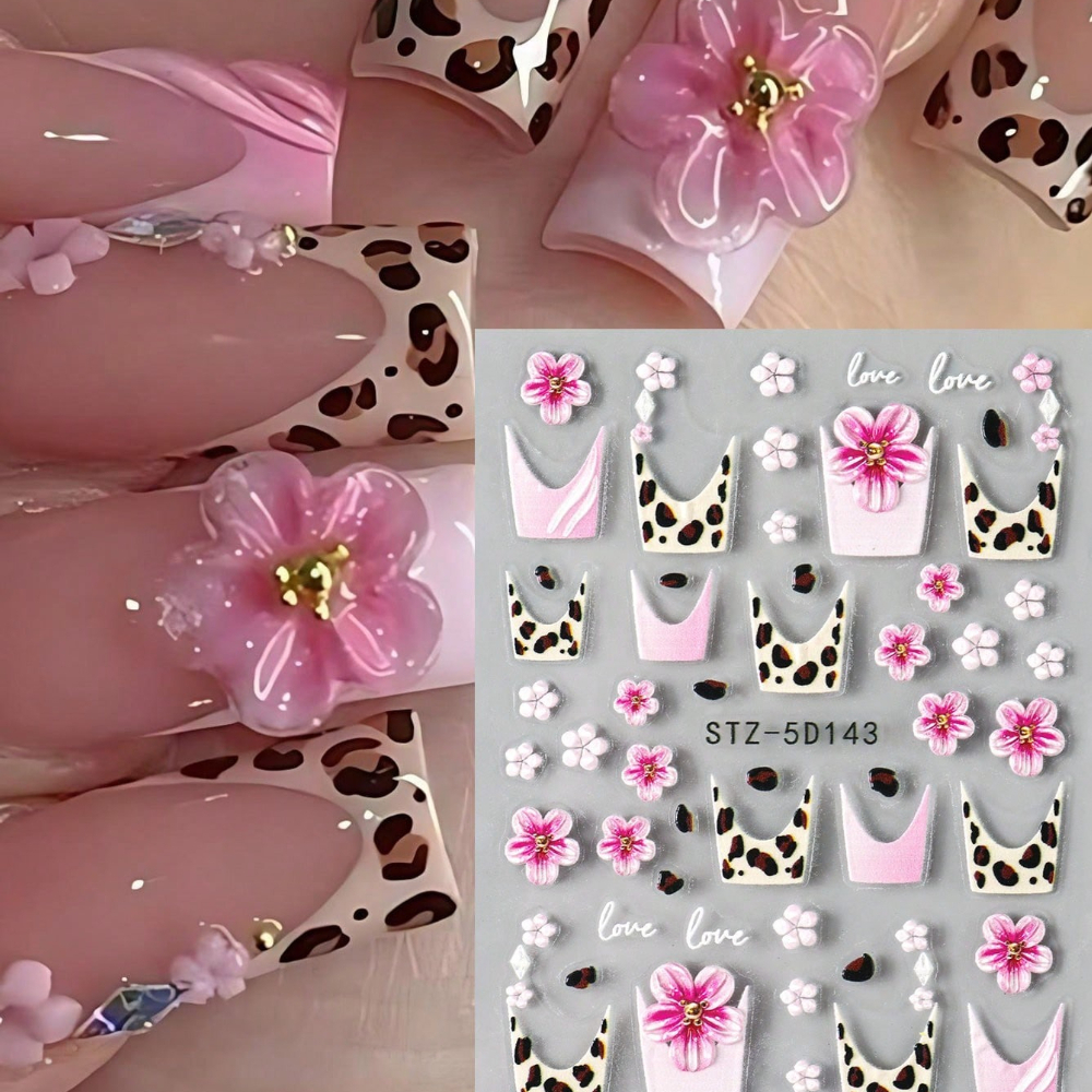 1pc Pink Flower Nail Stickers, Mini White Flower Leopard Print Nail Decals, Suitable For Spring And Summer, Wedding Nail Products