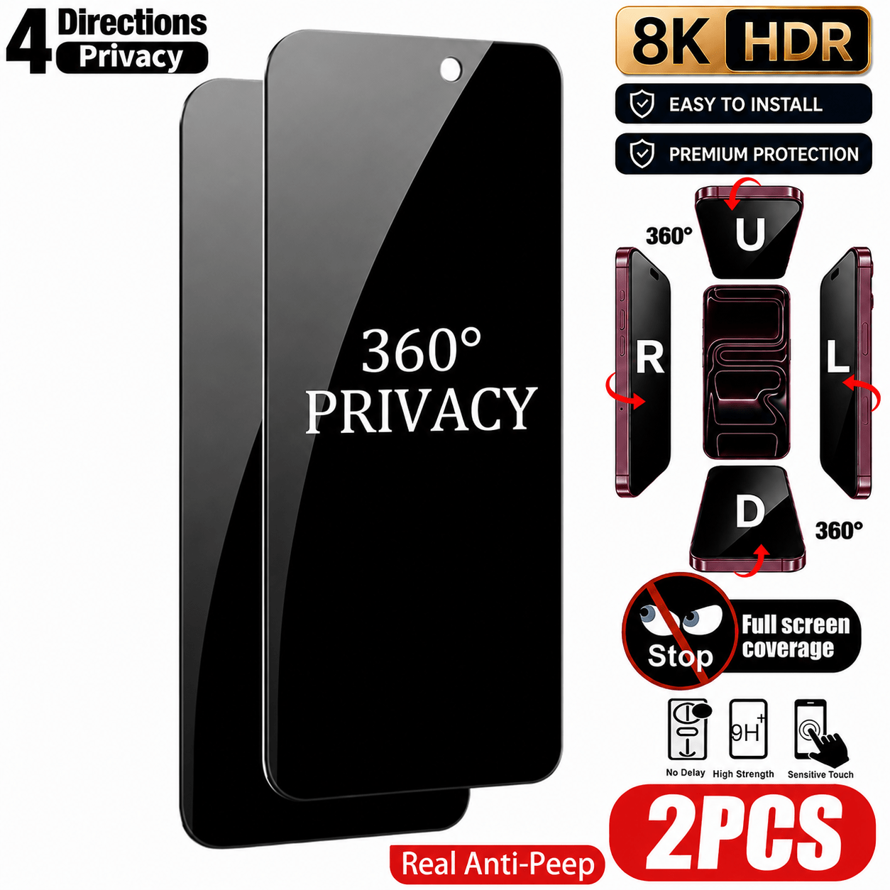 TEMU 2pcs Anti-spy Privacy Tempered Glass For Iphone 17 Pro Max/17/16 Pro Max/16 Plus/16/15 Pro Max/14/13/12/11/x/xs/xr/xs Max, Full Coverage Screen