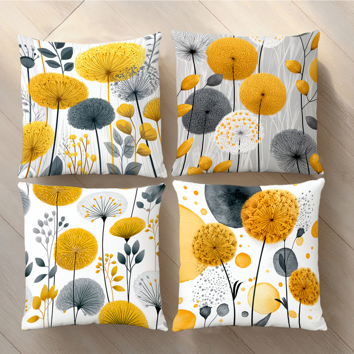 TEMU 4pcs Yellow Dandelion Cushion Covers, 2d Flat Printed Abstract Floral Botanical Print Pillowcases, Nordic Minimalist Style Living Room Sofa Soft