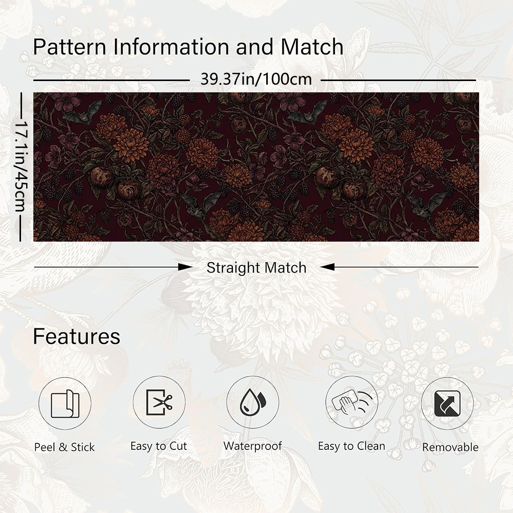 TEMU 1 Roll 45x100cm (17.7x39.4in) Burgundy Wallpaper Peel And Stick Floral Wall Paper Removable Durable [floral Pattern With Berries And ] Contact
