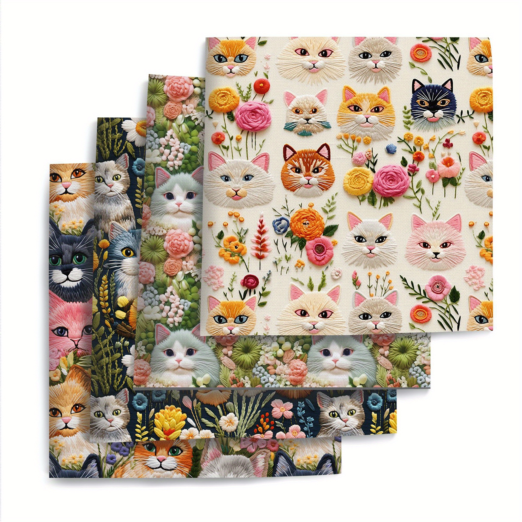 Image of 4pcs Flower Cats Quilting Fabric Bundle, 19.68x17.7 Inch Polyester Squares, Colorful Cat And For Diy Crafts, , And Wallet Making