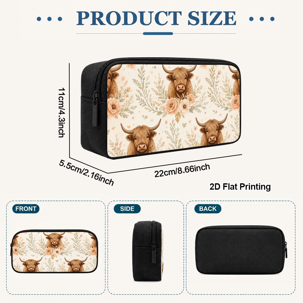 TEMU 1pc Highland Cow Pencil Case Suitable For University & Office, Large Capacity Portable Zippered Pen Holder With Smooth Zipper Closure, Durable