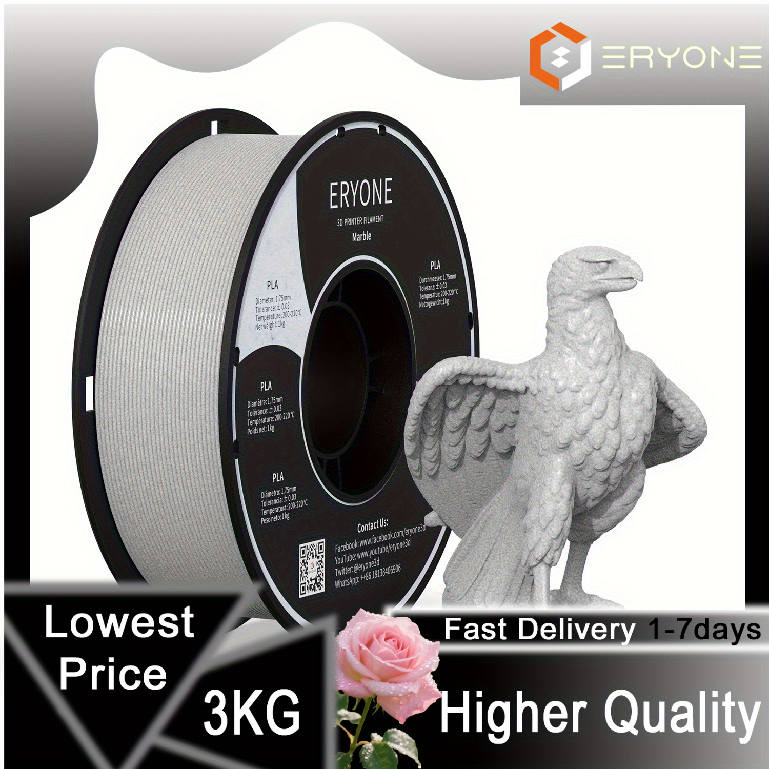 Eryone 3kg Pla-marble 3d Printing Supplies Filament For 3d Printer, 1.75mm +/ -0.03mm