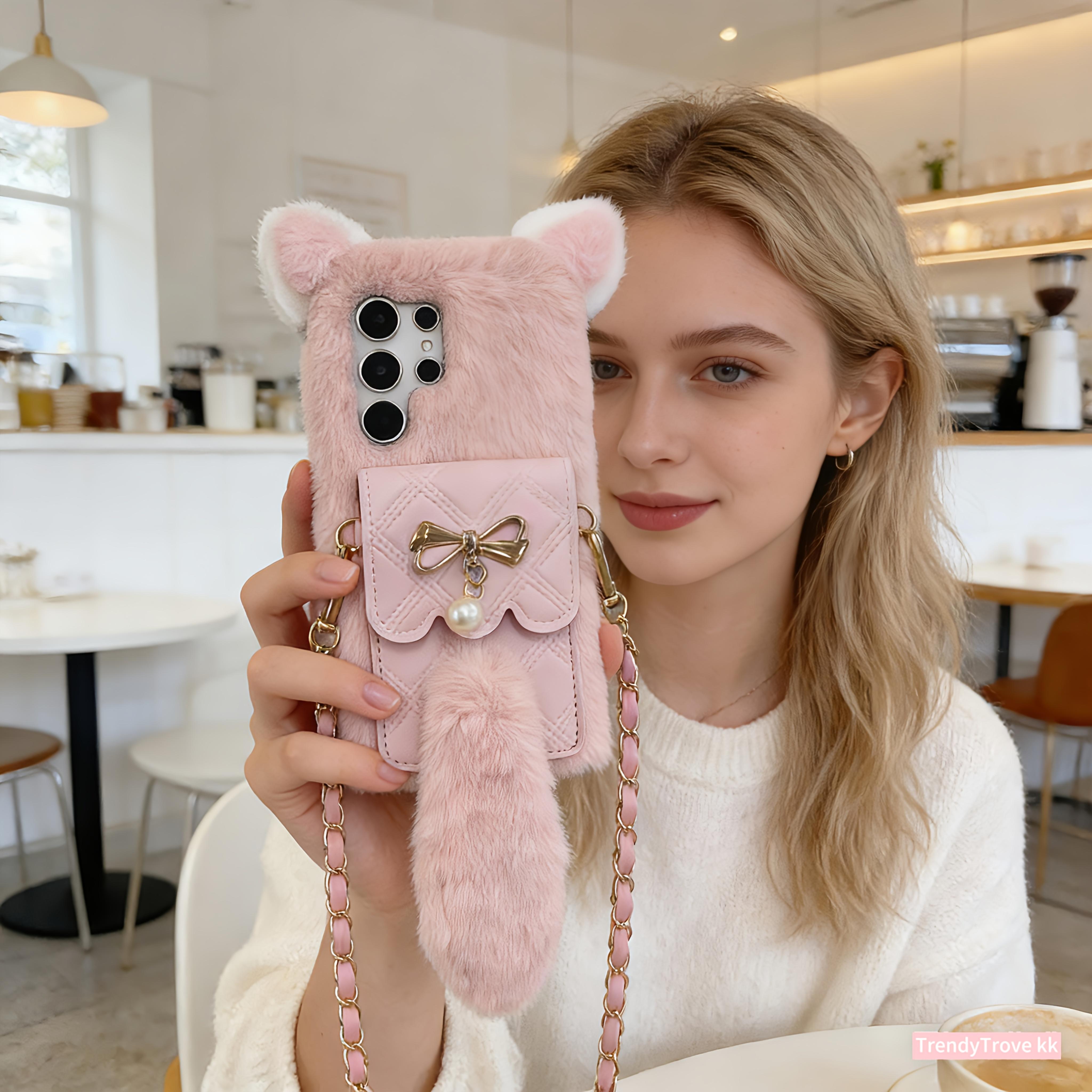 TEMU Phone Case - Premium (backpack Cat) Plush Phone Case For S26/s26plus/s26ultra/a06/a14/a15/a05s/a35/a54/a55 Card Holder Cute Plush Anti-drop Soft