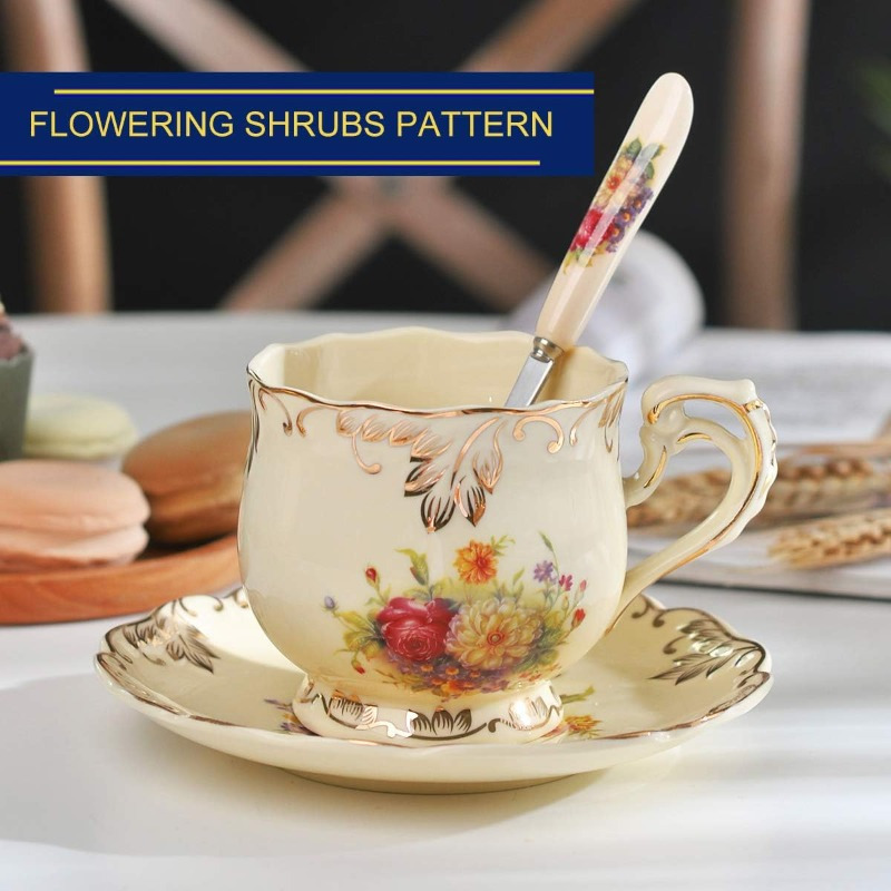 flowering shrubs tea cups and saucers set of 6 ivory ceramic floral tea cups set with golden rack coffee cups 8oz, cups for tea, porcelain tea cup, teacup, tea sets, elegant tableware, tea party supplies, vintage tea ware, decorative teacups,   cups,   porcelain,  , home   Product details 4