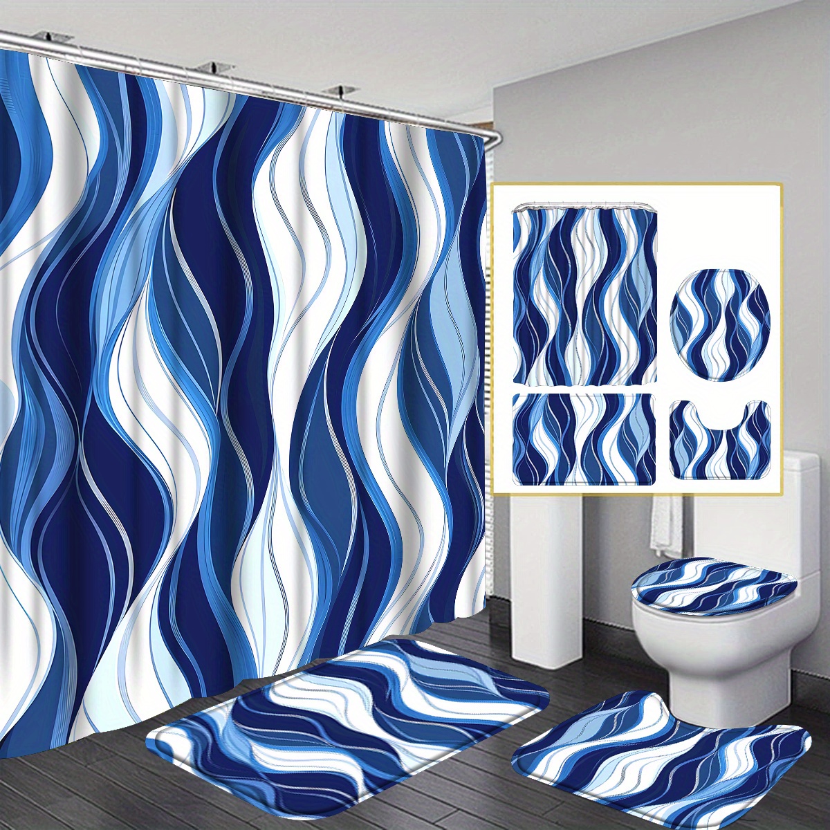 TEMU 4pcs Blue And Navy Striped Bathroom Shower Curtain Sets, Grey And White Shower Curtain Sets With Rugs, Modern Abstract Shower Curtain Set, With
