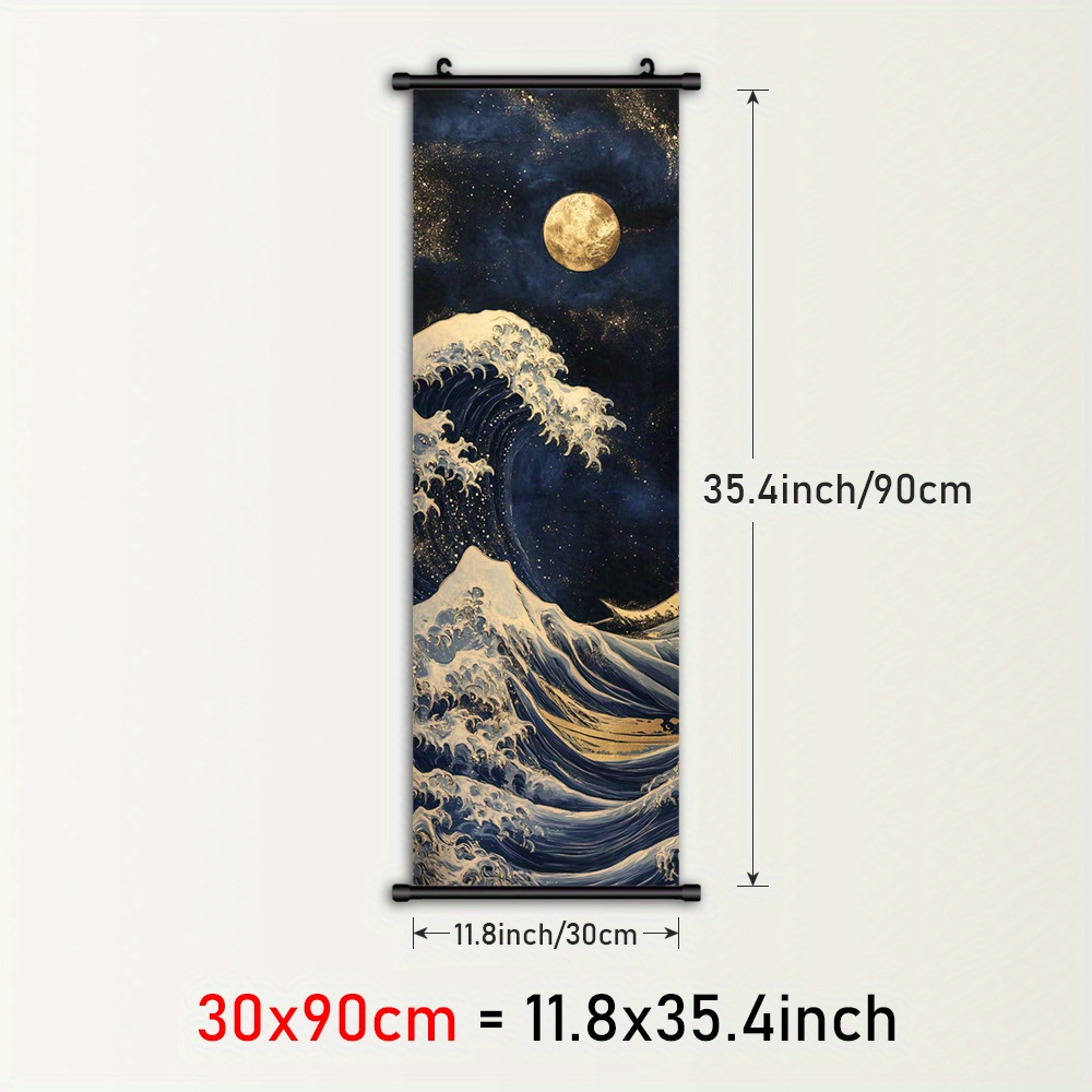 TEMU 1pc Anime-inspired Framed Canvas Wall Art - Starry Night Ocean Waves & Moon Vertical Scroll Painting, Plastic Frame With Hanger For