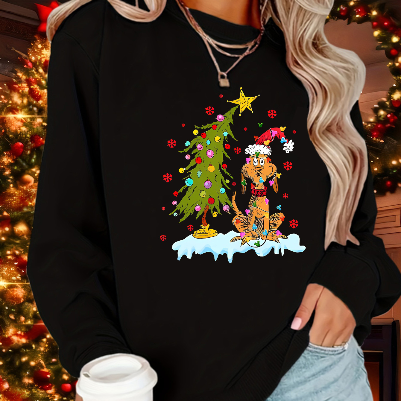 

Fashionable And Elegant Style - Christmas Tree Dog Pattern Print Round Neck Ladies Casual Sports Long Sleeve Plus Fleece Hoodie Top