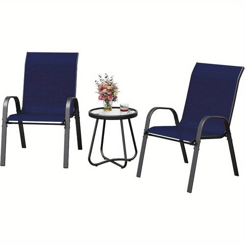 3pcs patio set outdoor stackable dinging chairs for all weather breathable garden outdoor furniture for backyard deck navy blue