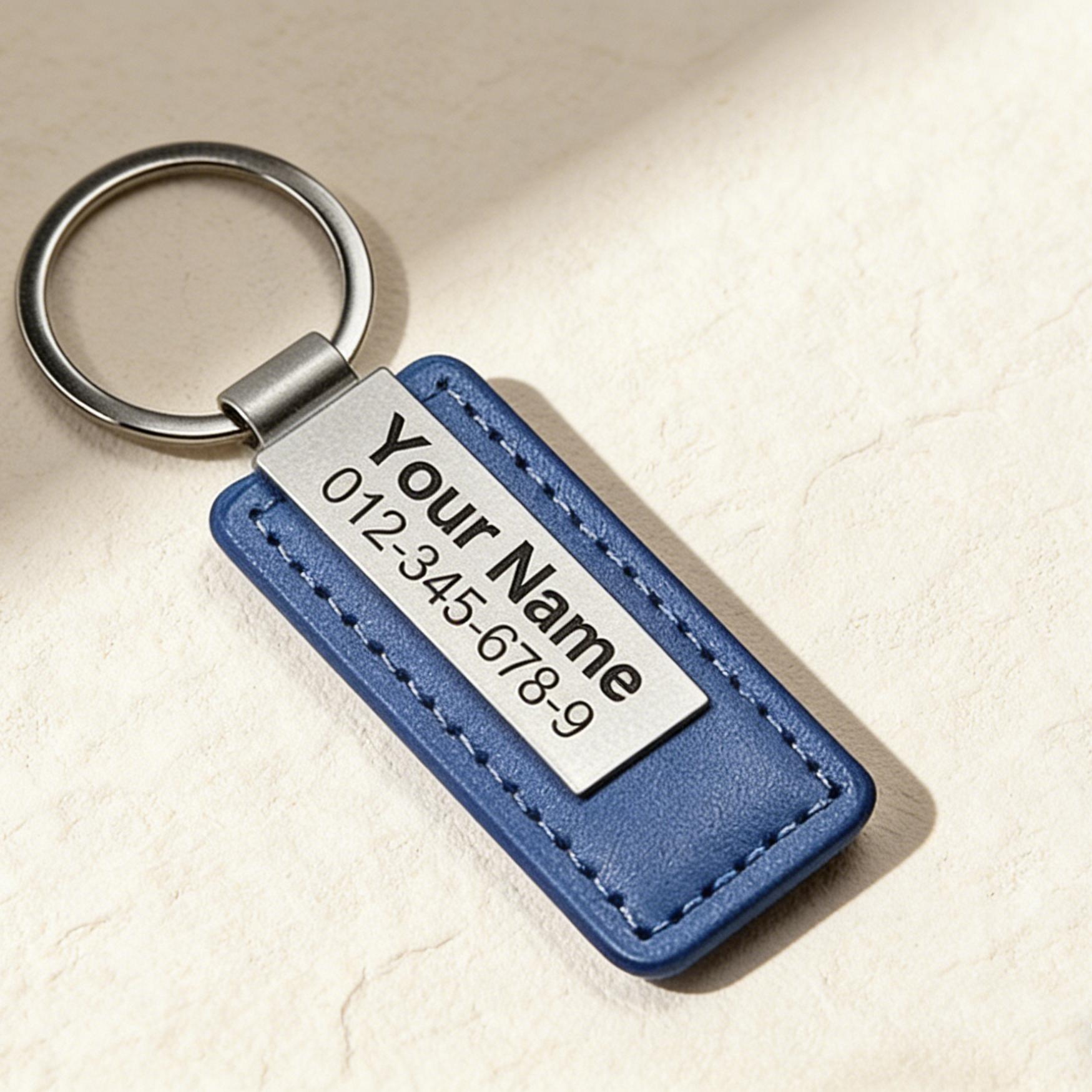 TEMU Engraved Pu Keychain With Stainless Steel Id Card- Customizable With Name And Phone Number, Men's Keychain, Father's Day Gift, Durable Pu And