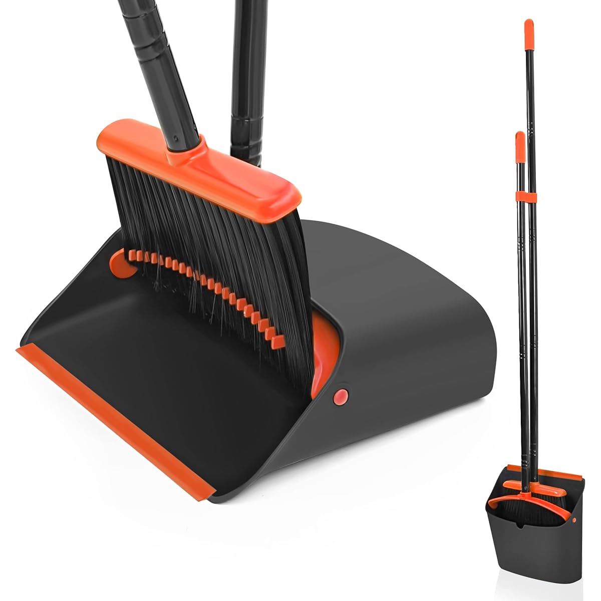 heavy-duty broom and dustpan set with long handle -  , lightweight cleaning system with upright standing dust pan, comb teeth for   sweeping - ideal for home, office, kitchen, living room - space-saving storage design,  , ergonomic grip, durable construction, office workers Product details 0
